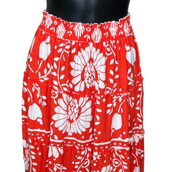 Haute Hippie Red Orange & White Floral Tired Linen Blend Midi Skirt Size Small - Picture 5 of 10